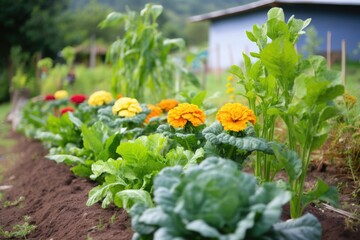 a bunch of marigolds planted among vegetables