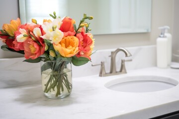 fresh flowers adding color to a neutral-toned bathroom counter