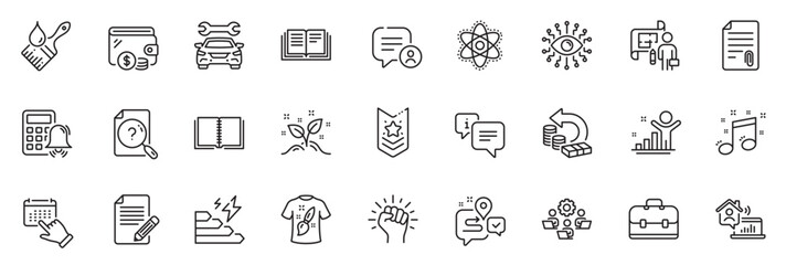 Fototapeta na wymiar Icons pack as Shoulder strap, Winner and Article line icons for app include Wallet, Search document, Portfolio outline thin icon web set. Empower, Teamwork, Journey pictogram. Vector