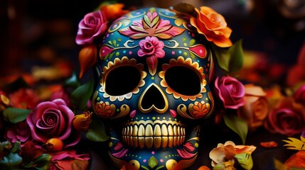 Naklejka premium Day of the Dead. Decorated skulls. Celebration of life and death. Souls return to Earth