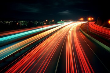 Fototapeta na wymiar Fast-moving vehicle on brightly lit highway at night. Generative AI