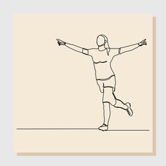 Fototapeta na wymiar Continuous single line art drawing of football soccer player celebrating victory success goal on competition. Vector illustration one line art of sports concept