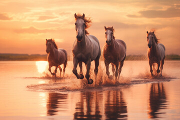 Horses galloping along a beach, splashing through a shallow puddle of water , soft lightinig