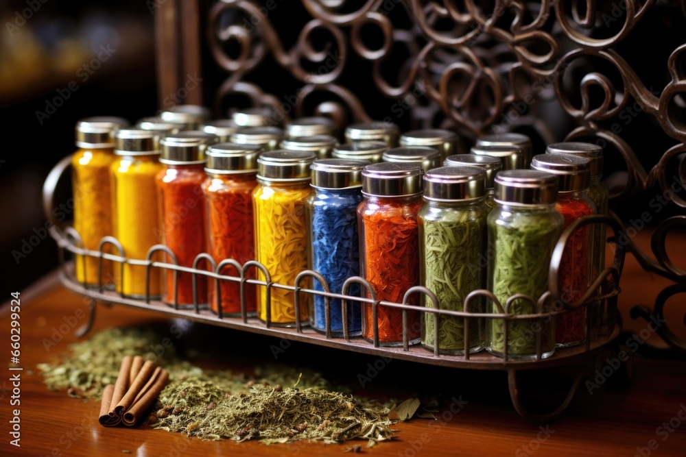 Poster glass jars containing colorful spices on a rack