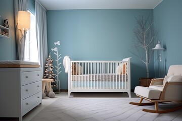 Nursery in blue with crib, baby room - obrazy, fototapety, plakaty