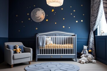 Nursery in blue with crib, baby room - obrazy, fototapety, plakaty
