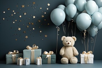 birthday invitation card background, teddy bear, gifts and balloons