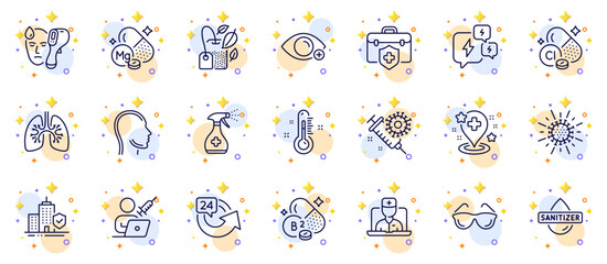 Outline set of Apartment insurance, Electronic thermometer and Hospital line icons for web app. Include Head, Medical cleaning, Riboflavin vitamin pictogram icons. Medical insurance. Vector