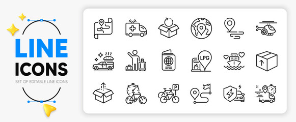 Send box, Return package and Passport line icons set for app include Food delivery, Place, Medical helicopter outline thin icon. Journey, Bicycle parking, Gas station pictogram icon. Vector © blankstock