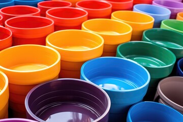 stacked plastic wash-basins in different colors
