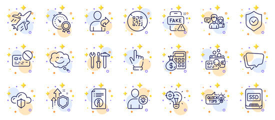 Outline set of Cursor, Education idea and Best result line icons for web app. Include Fake news, Refer friend, Improving safety pictogram icons. Spanner tool, Finance calculator. Vector