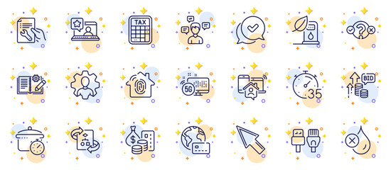 Outline set of Approved, Boiling pan and Quiz test line icons for web app. Include Repair document, Conversation messages, Technical algorithm pictogram icons. Fingerprint access. Vector