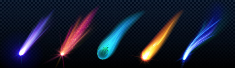 Comet or meteor trails set isolated on transparent background. Vector realistic illustration of asteroid, shooting star, missile, rocket, burning rock falling from sky at high speed, neon light tail - obrazy, fototapety, plakaty