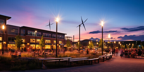 Vibrant Town Square Illuminated by the Brilliance of Wind Turbines, Showcasing Sustainable Energy and Community Engagement