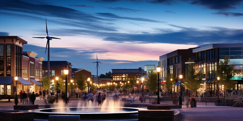 Vibrant Town Square Illuminated by the Brilliance of Wind Turbines, Showcasing Sustainable Energy and Community Engagement