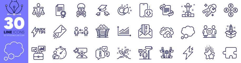 Talk bubble, Coal trolley and Marketing line icons pack. Video conference, Judge hammer, Keys web icon. E-mail, Power, Puzzle pictogram. Certificate, Timer, Graph. Painter. Vector