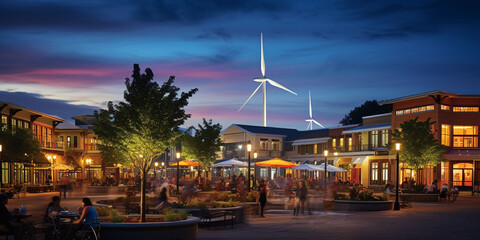 Vibrant Town Square Illuminated by the Brilliance of Wind Turbines, Showcasing Sustainable Energy and Community Engagement