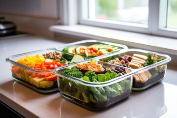 metal lunchbox with plastic containers filled with salads inside