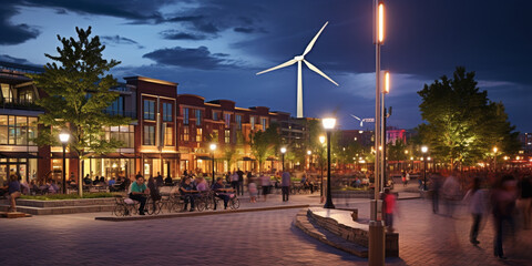 Naklejka premium Vibrant Town Square Illuminated by the Brilliance of Wind Turbines, Showcasing Sustainable Energy and Community Engagement