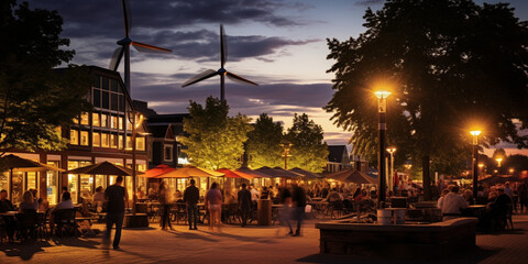 Fototapeta na wymiar Vibrant Town Square Illuminated by the Brilliance of Wind Turbines, Showcasing Sustainable Energy and Community Engagement