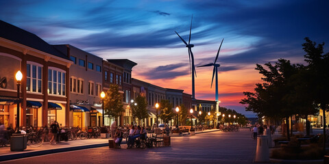 Obraz premium Vibrant Town Square Illuminated by the Brilliance of Wind Turbines, Showcasing Sustainable Energy and Community Engagement