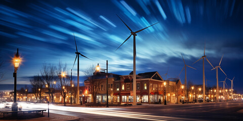 Obraz premium Vibrant Town Square Illuminated by the Brilliance of Wind Turbines, Showcasing Sustainable Energy and Community Engagement