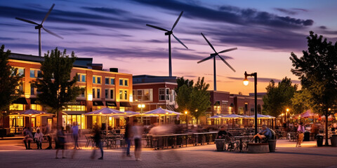 Fototapeta na wymiar Vibrant Town Square Illuminated by the Brilliance of Wind Turbines, Showcasing Sustainable Energy and Community Engagement