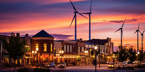 Fototapeta na wymiar Vibrant Town Square Illuminated by the Brilliance of Wind Turbines, Showcasing Sustainable Energy and Community Engagement