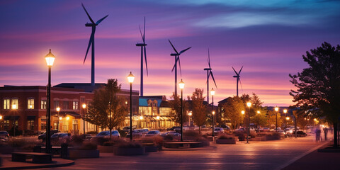 Vibrant Town Square Illuminated by the Brilliance of Wind Turbines, Showcasing Sustainable Energy and Community Engagement