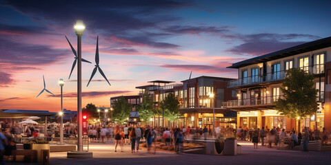 Vibrant Town Square Illuminated by the Brilliance of Wind Turbines, Showcasing Sustainable Energy...