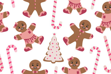 Seamless Christmas pattern with gingerbread man and candy cane. Festive background. Vector illustration. Vector illustration