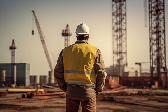 Rear view of a male civil engineer standing at a construction site