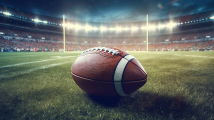 American football ball on the field of stadium.