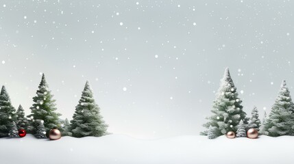 contemporary christmas banner showcasing a minimalist fir tree design, accentuated by snow and abstract christmas toys. plenty of room for customization. generative AI