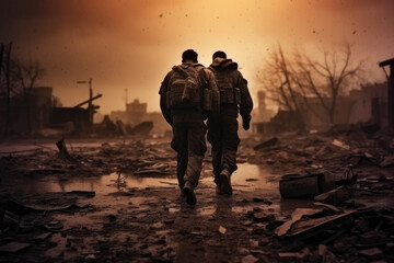 Soldiers walk through the ruins of a destroyed city. Buildings ruins due to war, bombing, terrorist attack. Destroyed city with houses ruins, trash and burned cars - obrazy, fototapety, plakaty