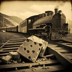 a withered old photo of the great swiss cheese spill of the year 1916 overturned truck full of swiss cheese blocks spilled over a railroad with a train approaching old vignette style vintage photo  - obrazy, fototapety, plakaty