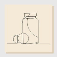 Continuous single line drawing of medicine pill or capsule bottle. Vector illustration one line sketch hand drawn of container medical drug pharmacy care