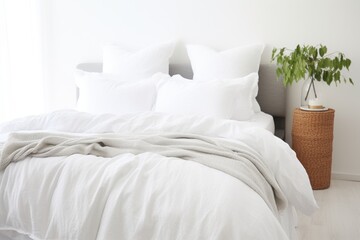 Fototapeta na wymiar layered white-on-white bedding on a minimalist bed