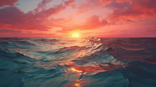 Ocean's surface mirrors hues, sun's descent ignites.