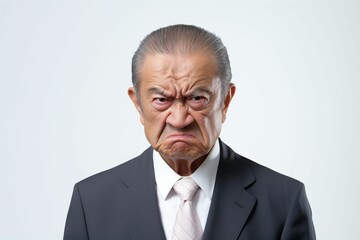 怒っている日本人の男性シニアビジネスマンのポートレート写真（白背景・サラリーマン・スーツ・年配・社長・課長・部長・役職） - obrazy, fototapety, plakaty
