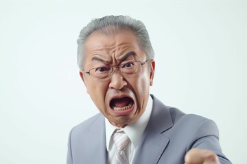 怒っている日本人の男性シニアビジネスマンのポートレート写真（白背景・サラリーマン・スーツ・年配・社長・課長・部長・役職）