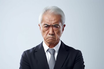 怒っている日本人の男性シニアビジネスマンのポートレート写真（白背景・サラリーマン・スーツ・年配・社長・課長・部長・役職） - obrazy, fototapety, plakaty
