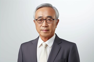 正面の日本人の男性シニアビジネスマンのポートレート写真（白背景・サラリーマン・スーツ・年配・社長・課長・部長・役職）