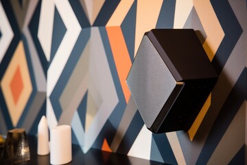 satellite speaker hanging on a wall with abstract, geometric wallpaper