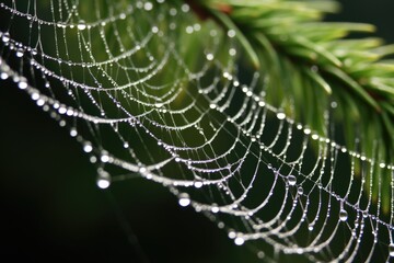close-up of a glistening cobweb on pine needles