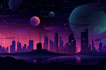 nighttime cityscape on new planet with colored space and lights in the sky. Generative AI - obrazy, fototapety, plakaty
