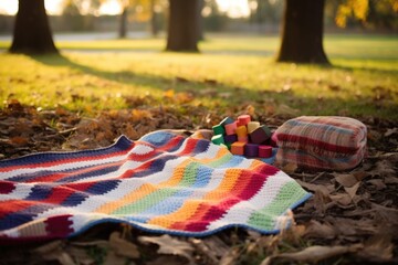 baby blanket spread out on a picnic ground