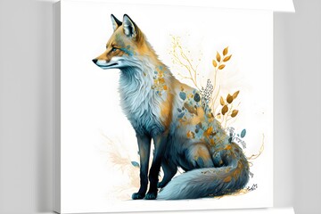 beautiful fox on white background with golden and azzure accents 