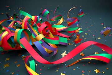 Festive Christmas greeting with colorful streamers, stars, and confetti - illustrated in 3D. Generative AI