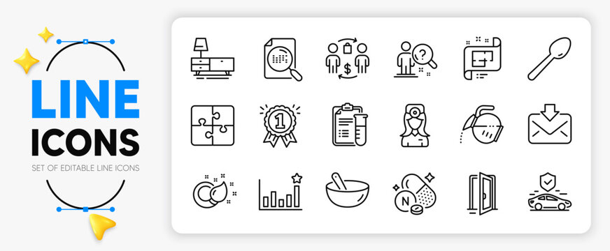 Reward, Search file and Spoon line icons set for app include Paint brush, Medical analyzes, Cooking mix outline thin icon. Efficacy, Architectural plan, Incoming mail pictogram icon. Vector